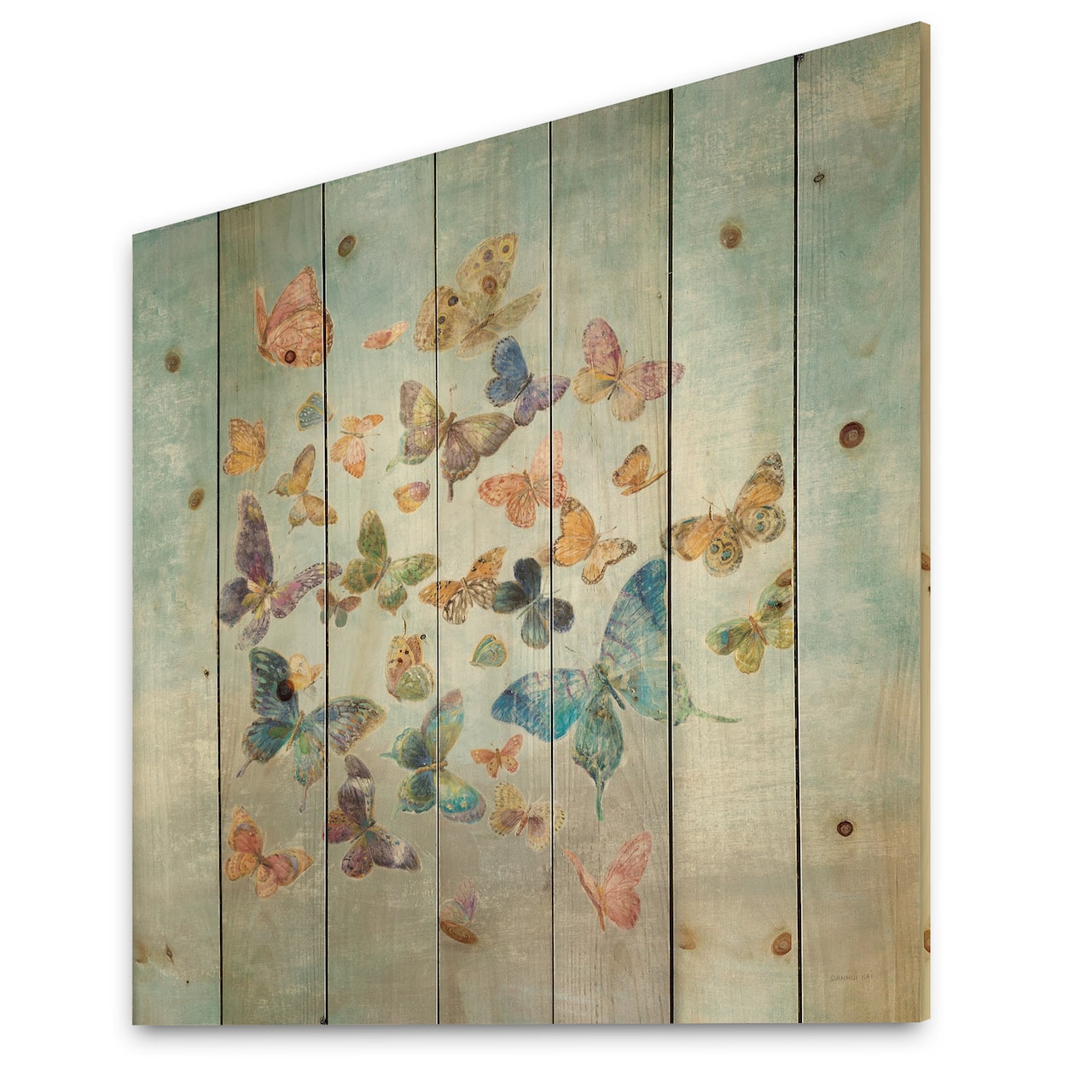 Designart - Butterflies Dancing I - Wildlife Print on Natural Pine Wood